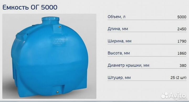 Емкость 5000 л. Горизонтальная. Пластиковая
