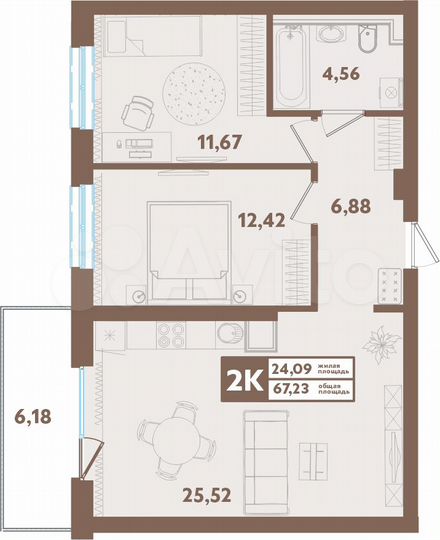 2-к. квартира, 67,2 м², 2/4 эт.