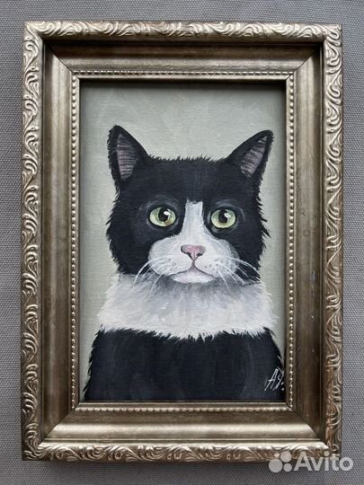 Картина Черно-белый котик 10х15 холст