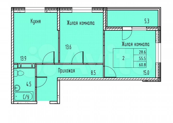 2-к. квартира, 58,1 м², 11/15 эт.