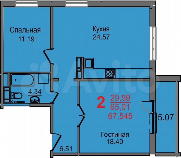 2-к. квартира, 67,5 м², 2/10 эт.