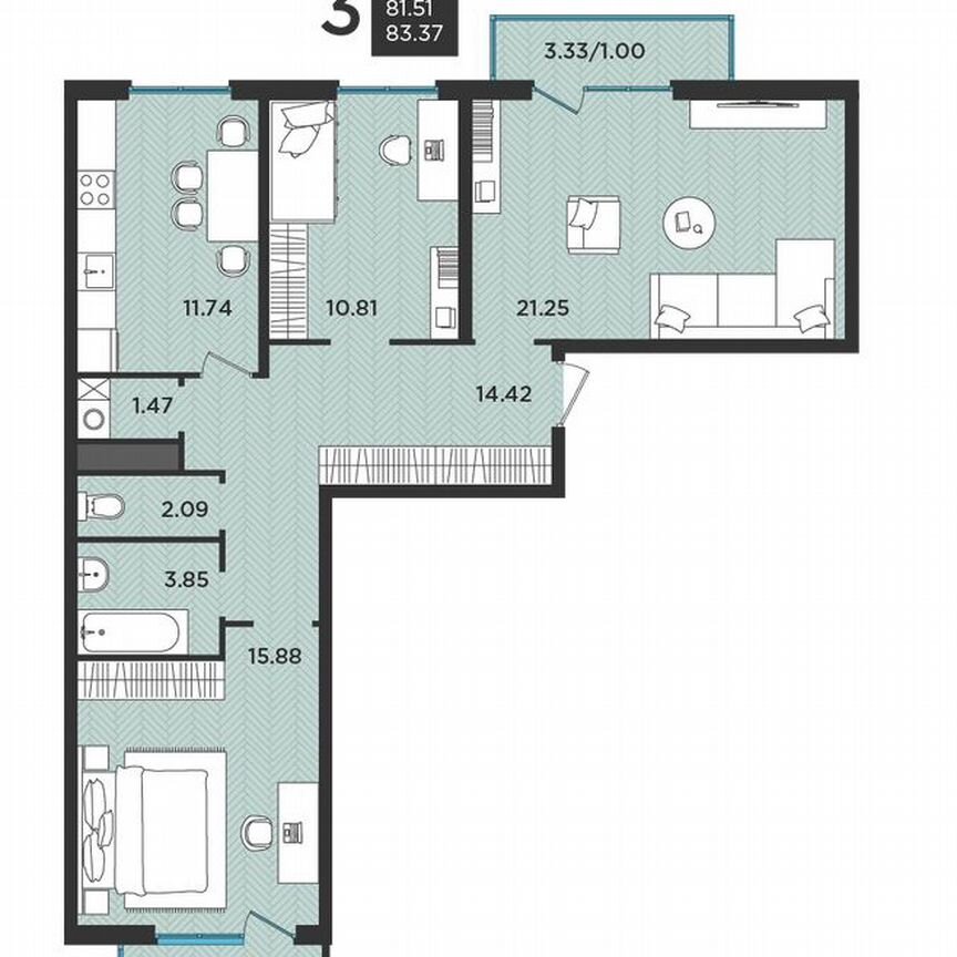 3-к. квартира, 81,9 м², 3/3 эт.