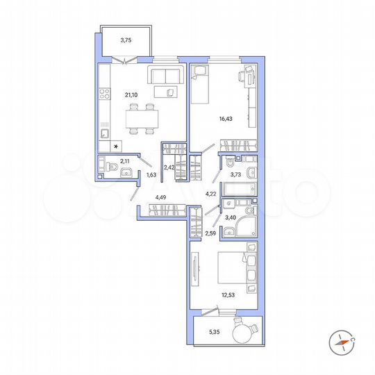 2-к. квартира, 79,2 м², 9/9 эт.