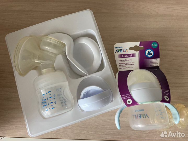 Молокоотсос ручной Avent + бутылочка Avent 4+