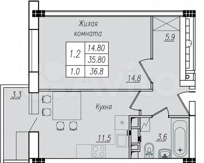 1-к. квартира, 36,8 м², 9/10 эт.