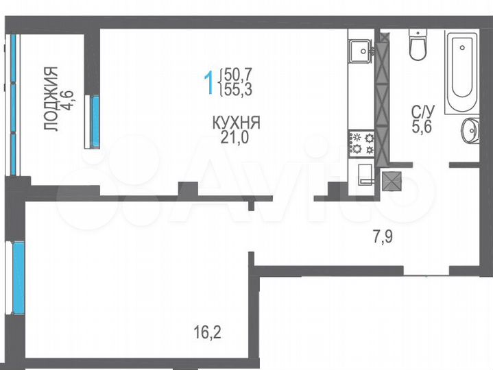 1-к. квартира, 55,3 м², 7/8 эт.