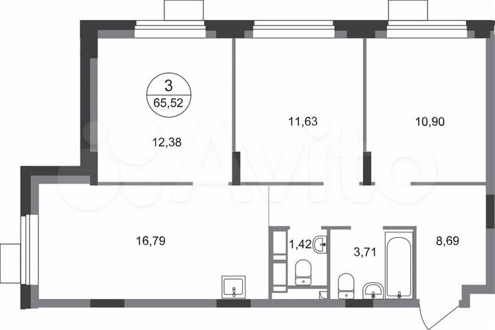 3-к. квартира, 65,5 м², 16/22 эт.