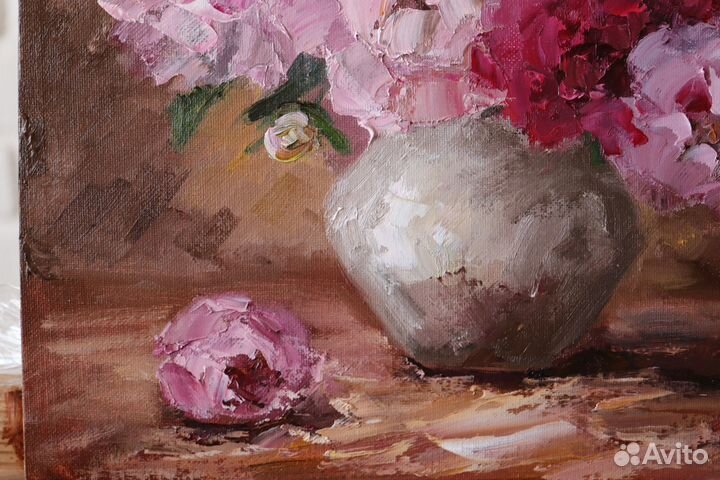 Картина маслом Цветы Пионы 35х40см холст картон