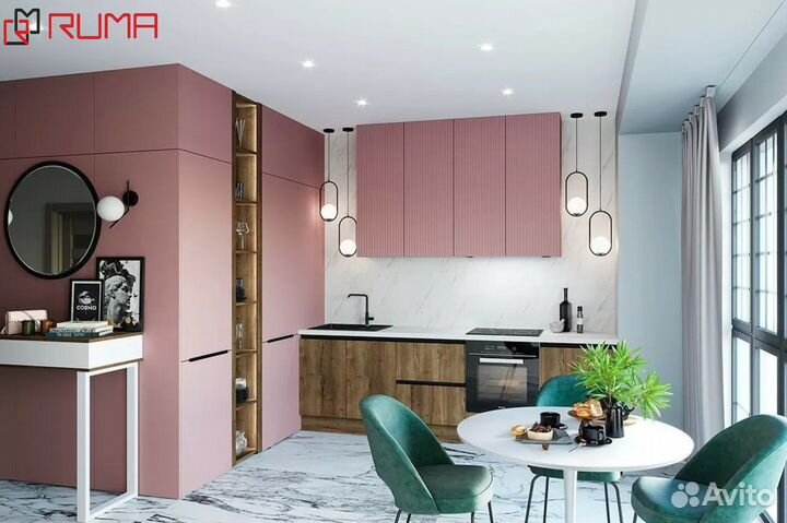 Кухня прямая розовая на заказ цена за все
