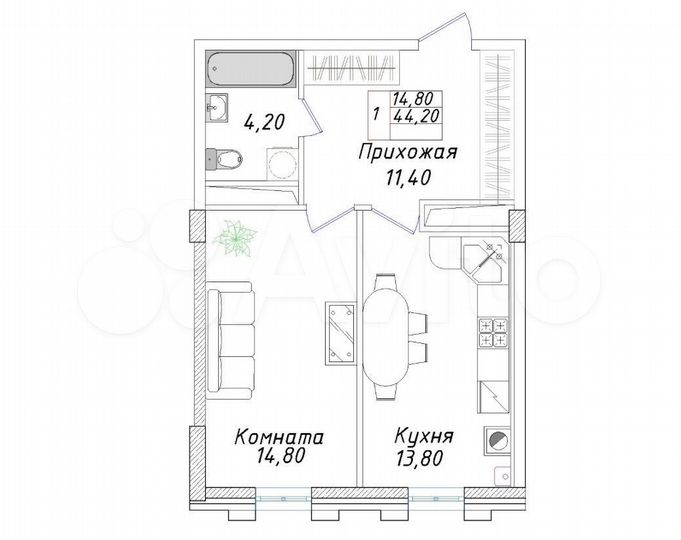 1-к. квартира, 44,2 м², 5/8 эт.