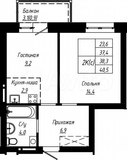 2-к. квартира, 38,3 м², 3/16 эт.