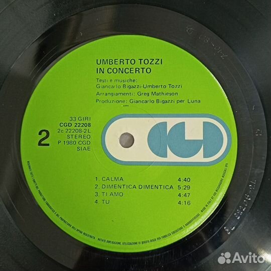 Umberto Tozzi – In Concerto 1980 винил