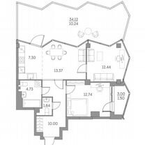 2-к. квартира, 74,2 м², 12/28 эт.