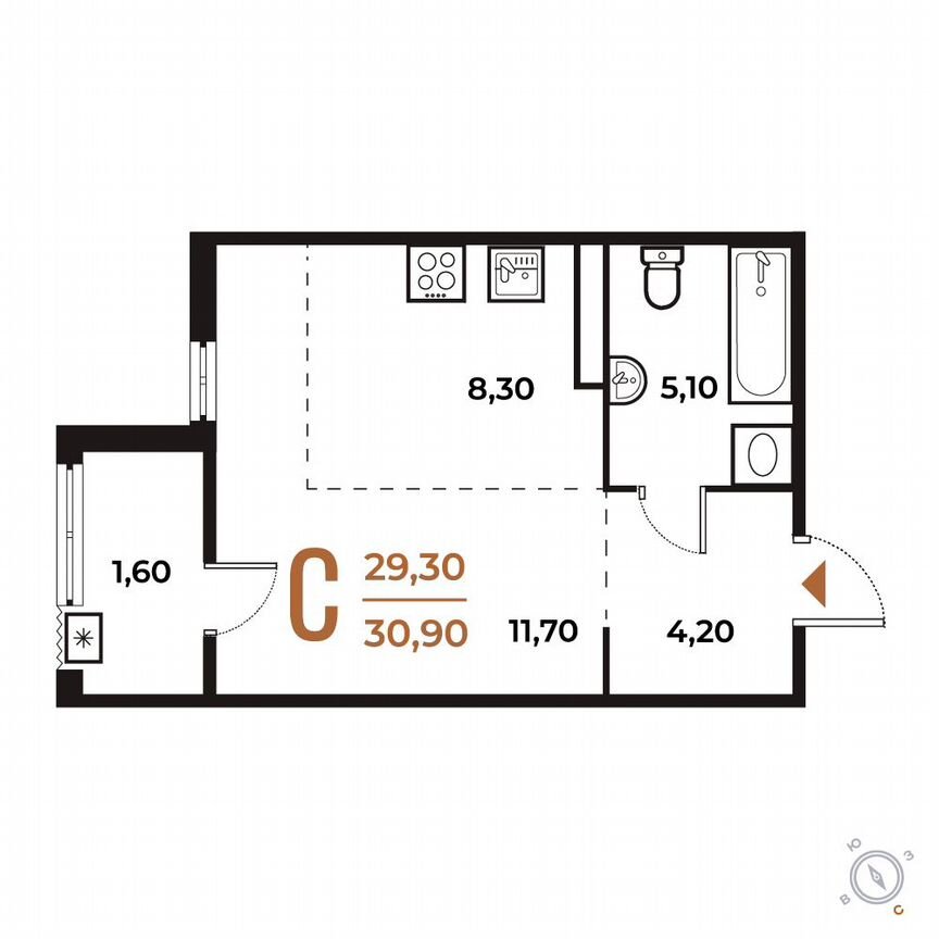 Квартира-студия, 30,9 м², 6/8 эт.
