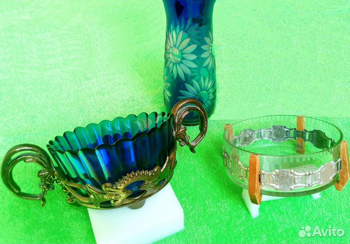 СССР Ваза конфетницы синее кобальтовое стекло