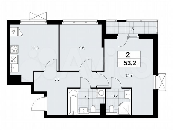 2-к. квартира, 53,2 м², 19/19 эт.