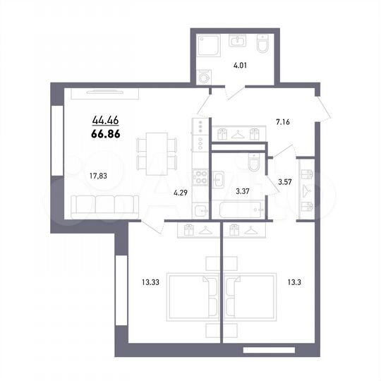 3-к. квартира, 66,9 м², 4/27 эт.