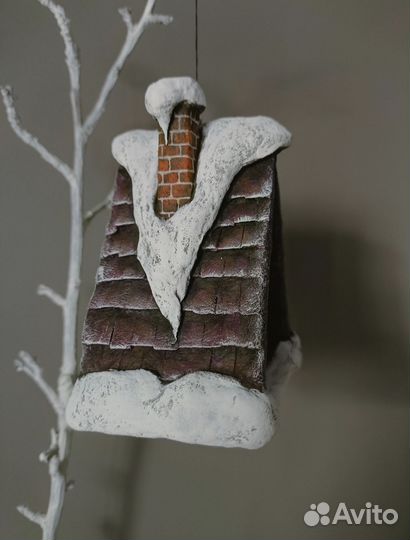 Ватная ёлочная игрушка - синий дом A-frame