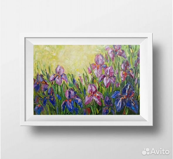 Картина ирисы маслом цветы на холсте 50х30 см