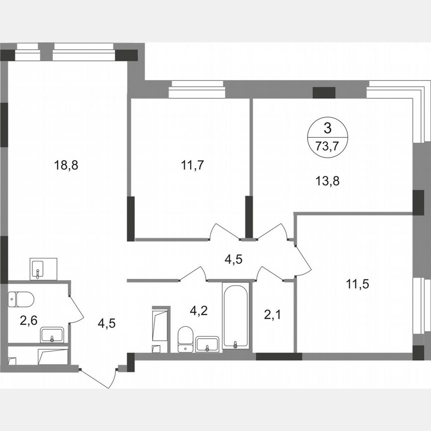 3-к. квартира, 73,7 м², 15/19 эт.