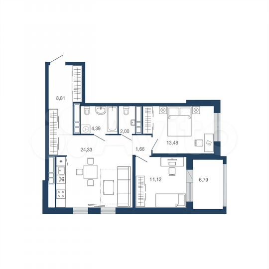 2-к. квартира, 70,9 м², 13/22 эт.
