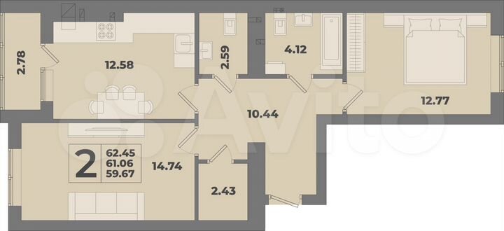2-к. квартира, 62,5 м², 4/10 эт.