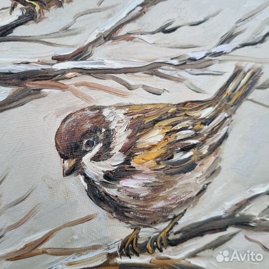 Воробьи картина маслом птичка воробей миниатюра