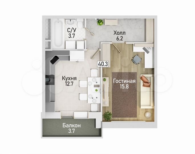 1-к. квартира, 40,3 м², 5/10 эт.