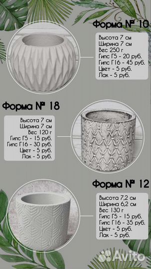 Кашпо из гипса, горшки, подсвечники