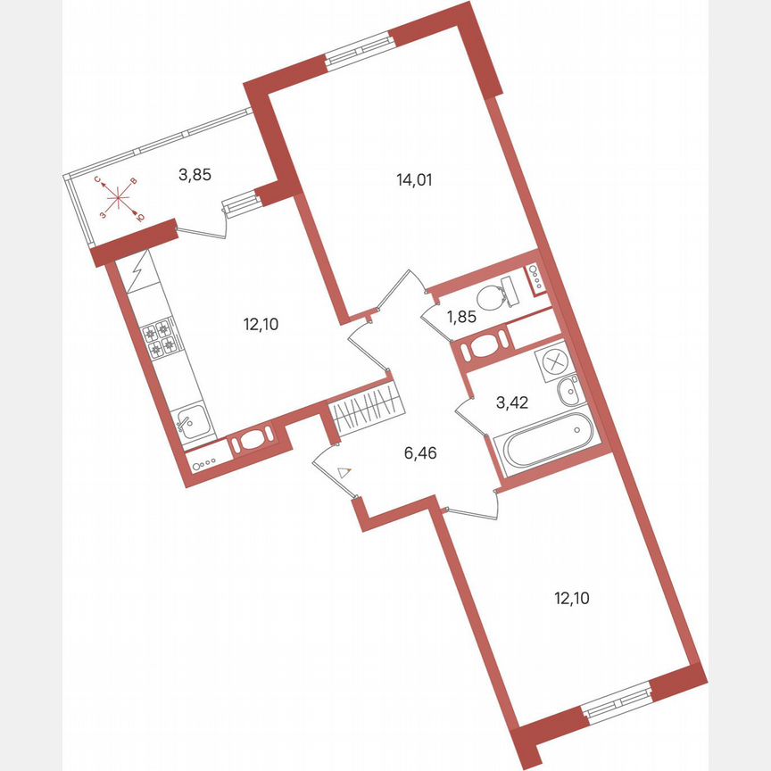 2-к. квартира, 51,9 м², 3/12 эт.