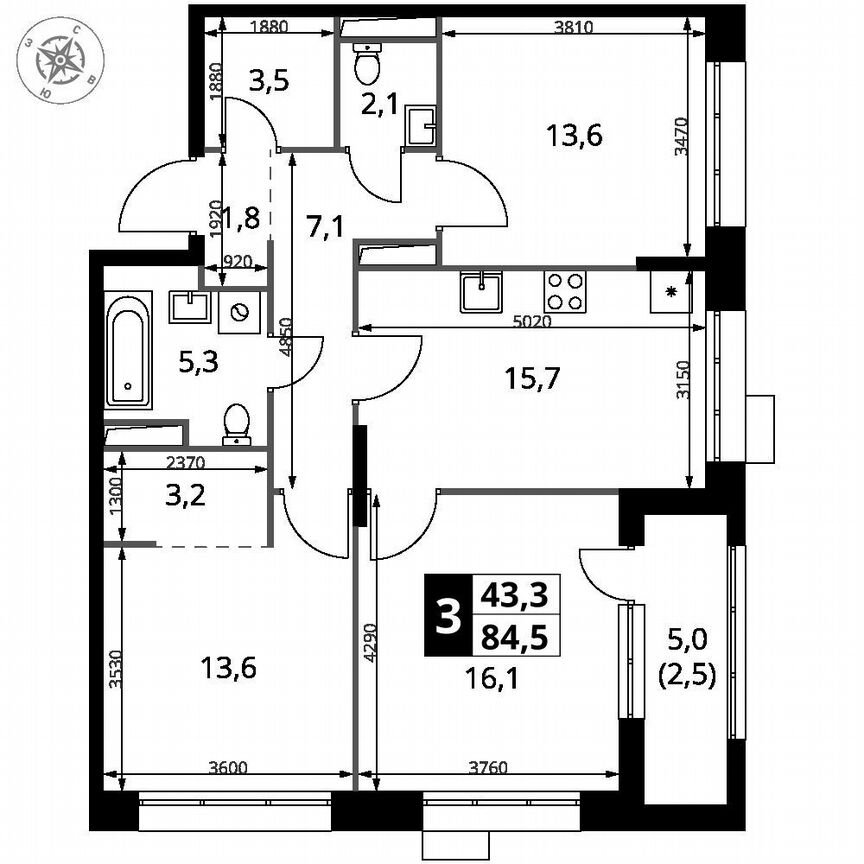 3-к. квартира, 84,5 м², 9/21 эт.