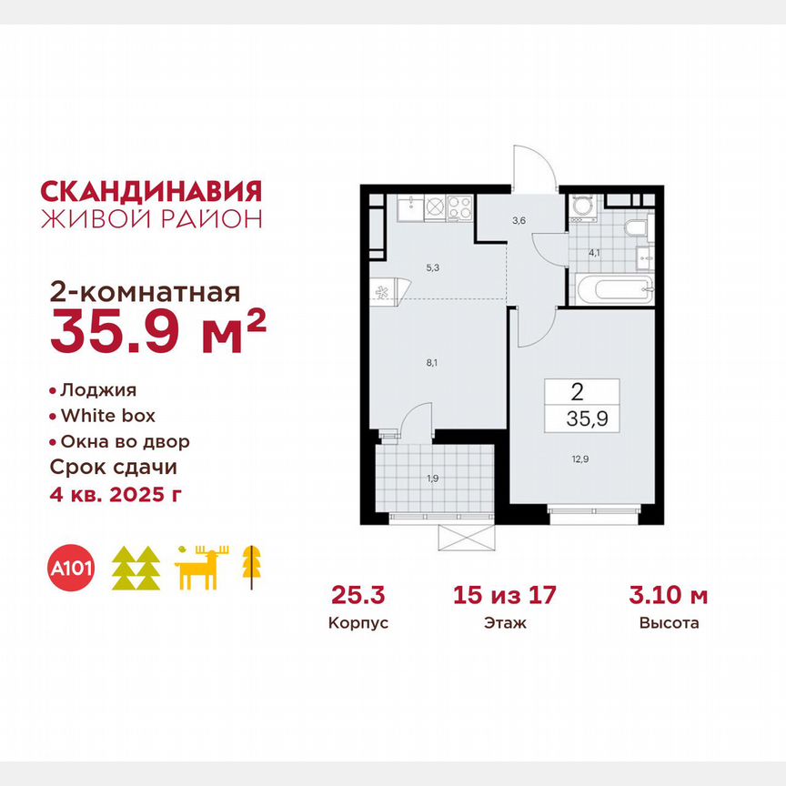 2-к. квартира, 35,9 м², 15/17 эт.