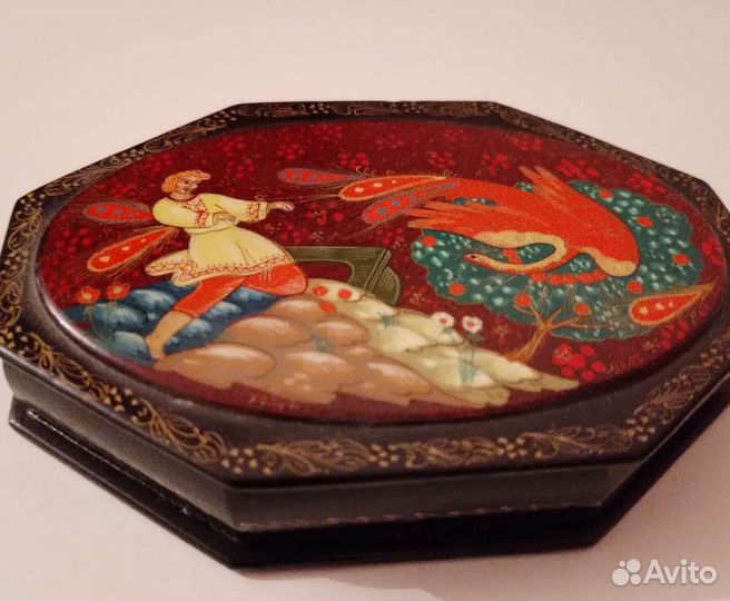Шкатулка лаковая миниатюра Жар-птица в стиле Холуй