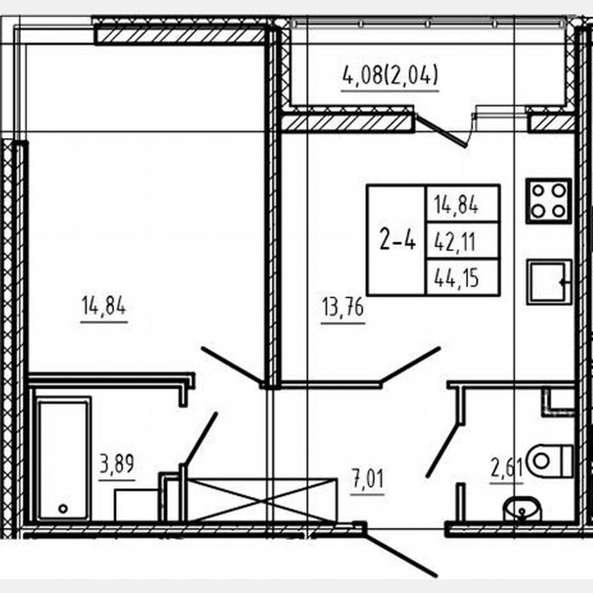 1-к. квартира, 42,1 м², 1/4 эт.