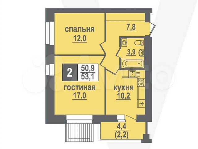 2-к. квартира, 53,1 м², 1/10 эт.