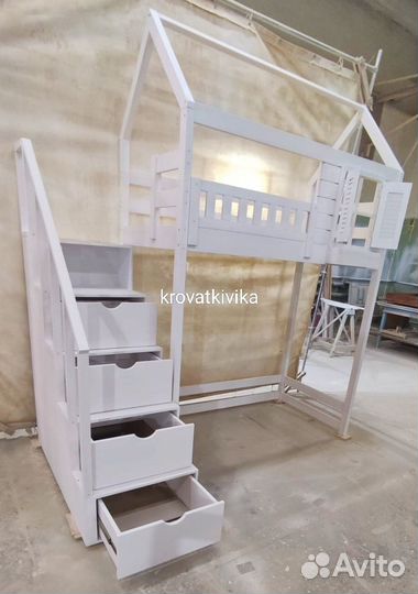 Детская Эко кровать чердак домик из массива