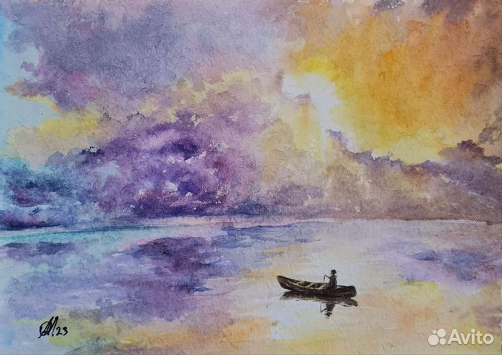 Картина морской пейзаж и с человеком в лодке
