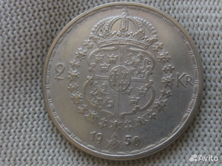 Швеция 2 кроны 1950 год серебро 14 грамм