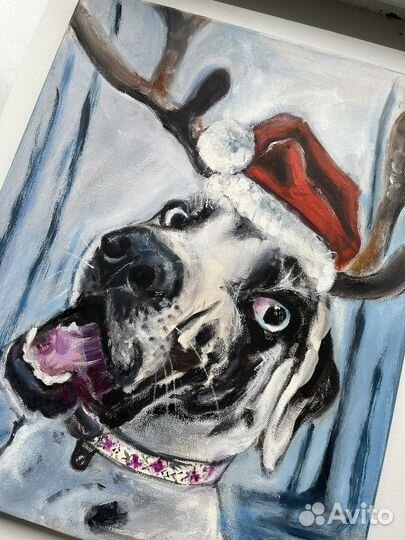 Картина маслом Собака Новый Год Смешная 50х40 см