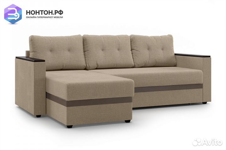 Угловой диван дельфин Атланта Лайт бежевый / корич