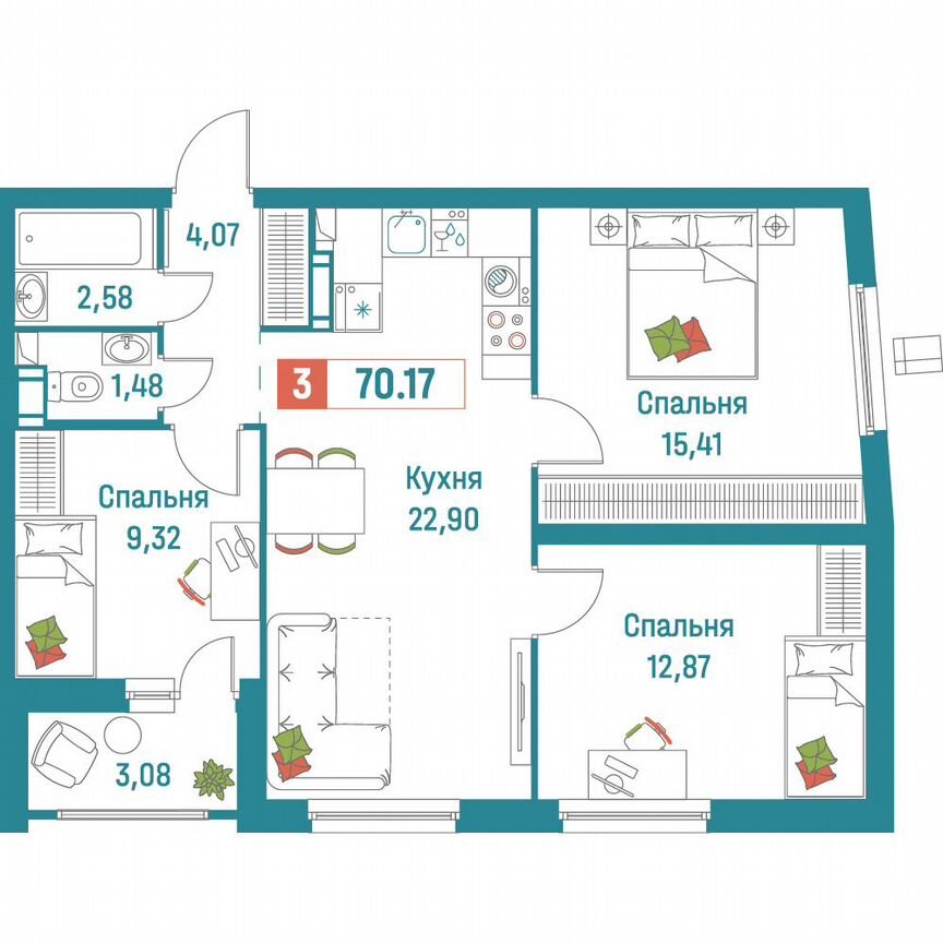 3-к. квартира, 70,2 м², 3/18 эт.