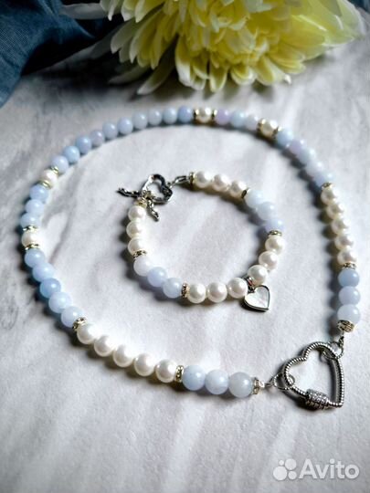Ожерелье чокер, браслет с аквамарином и жемчугом