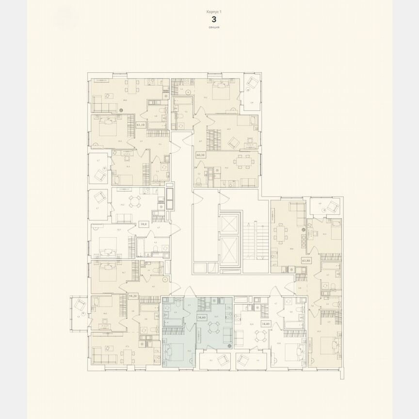 2-к. квартира, 58,2 м², 7/12 эт.