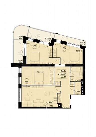 3-к. квартира, 97,3 м², 5/6 эт.