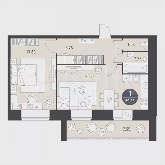1-к. квартира, 59,4 м², 8/10 эт.