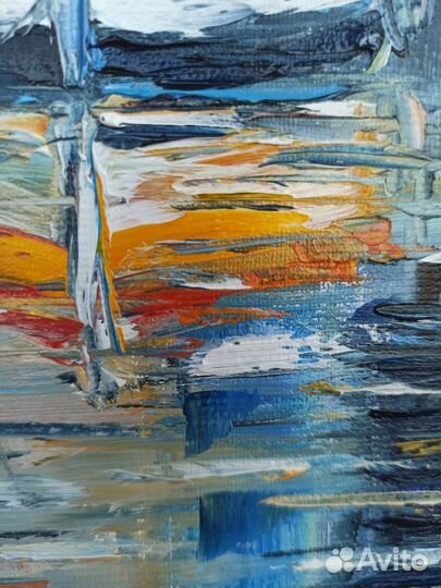 Картина лодки город маслом на холсте пейзаж 35х45