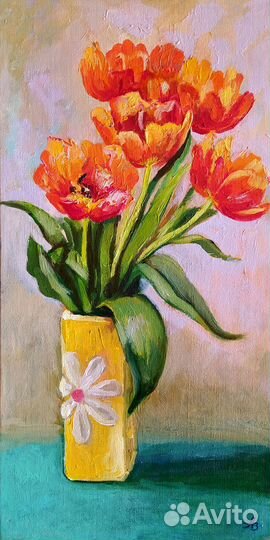 Картина Тюльпаны маслом на холсте в раме 20х40 см
