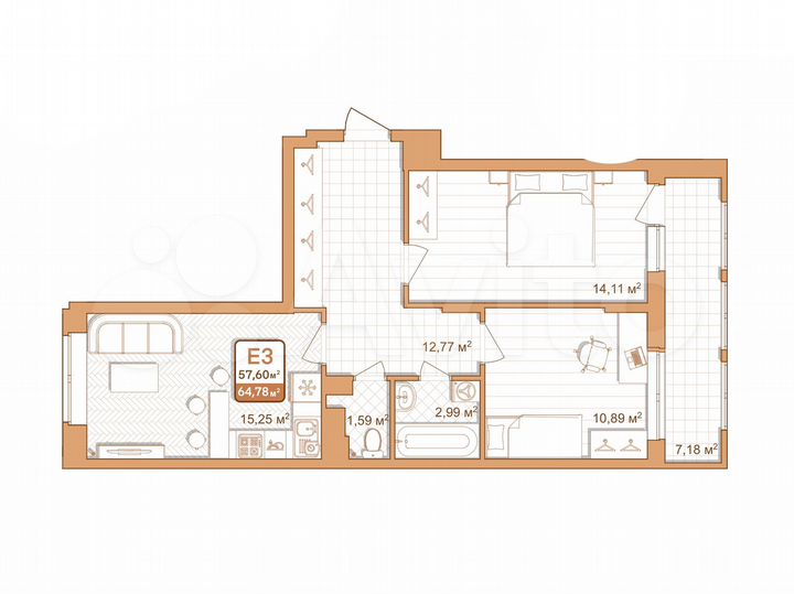 2-к. квартира, 57,7 м², 7/9 эт.