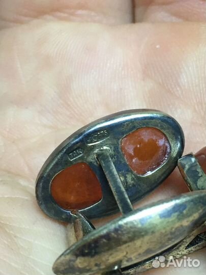 Запонки серебро позолота янтарь