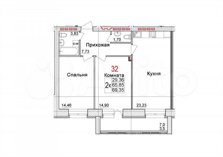2-к. квартира, 69,4 м², 4/4 эт.